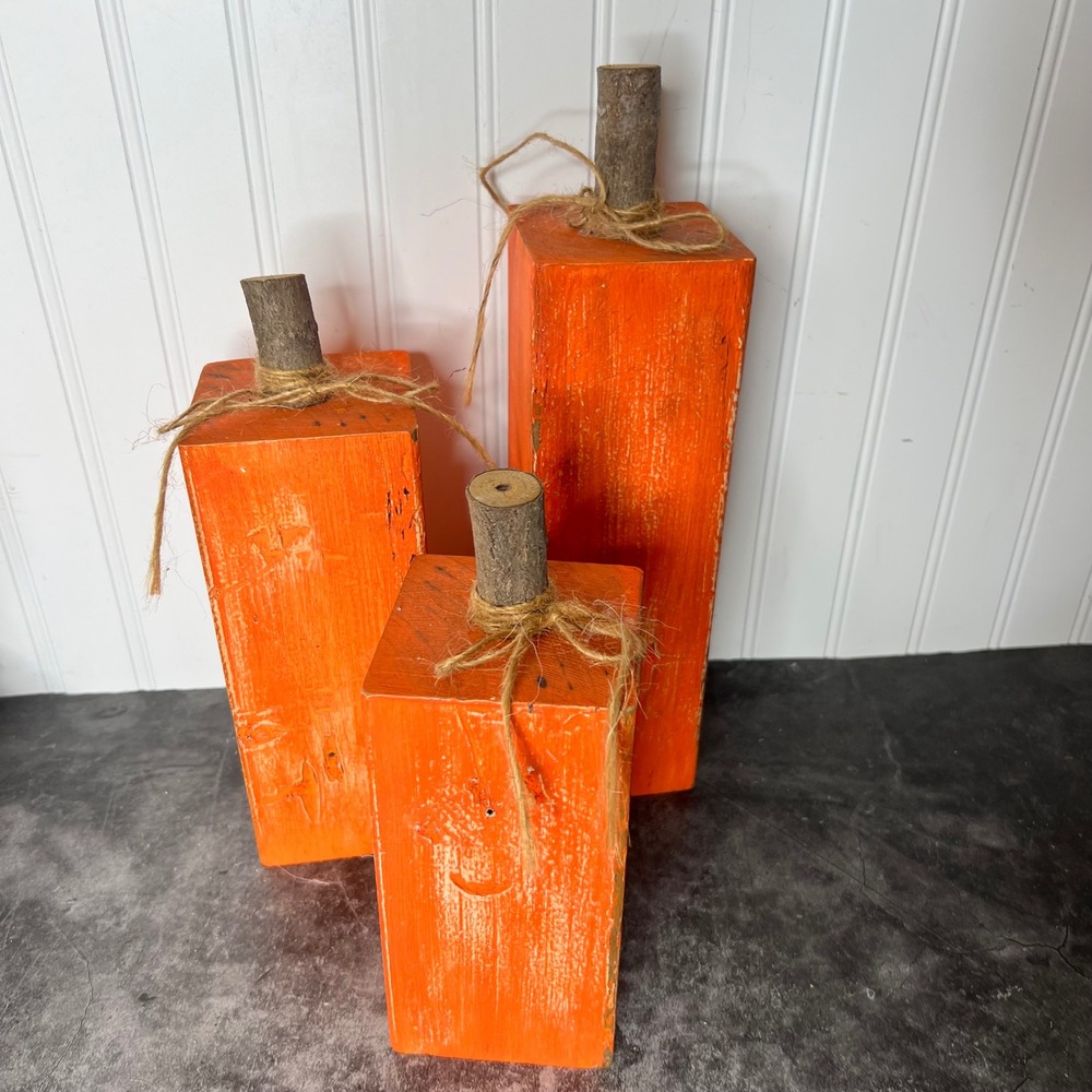 Set of Three Handmade Rustic Wooden Block Pumpkins | Fall Autumn Harvest Folk